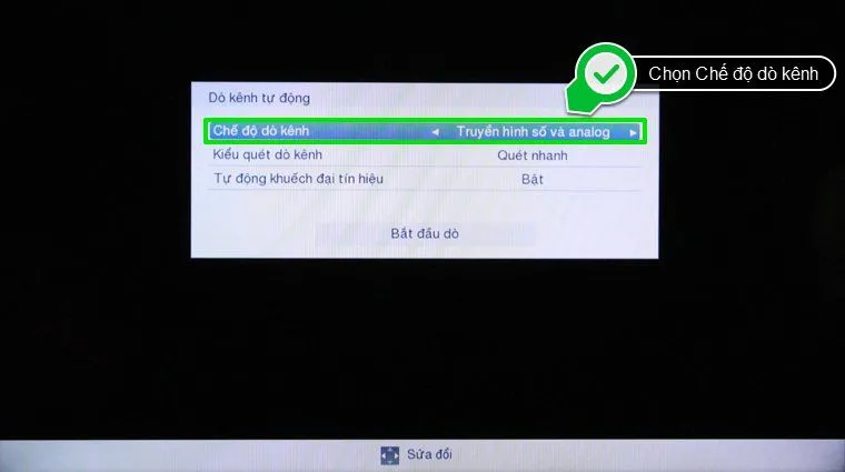 Thiết lập các thông số về chế độ quét và bật tính năng tự động khuếch đại tín hiệu trên tivi