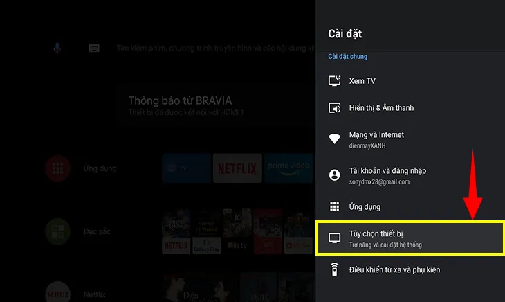 Bấm chọn Tùy chọn thiết bị để thiết lập ngôn ngữ
