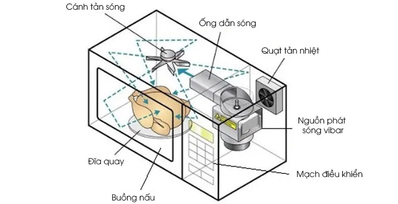 Mô phỏng sơ đồ cấu tạo lò vi sóng bao gồm nguồn phát và khoang nấu