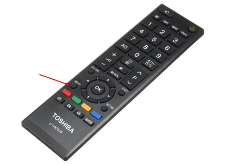 Sử dụng phím Menu trên điều khiển tivi Toshiba để vào phần thiết lập