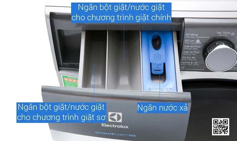 Khay đựng nước giặt máy giặt Electrolux với 3 ngăn chức năng