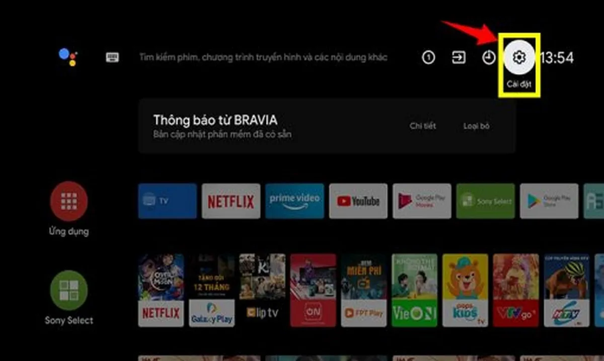 Chọn mục Cài đặt trong giao diện tivi Sony Bravia