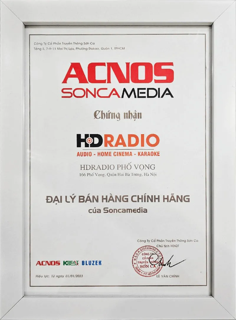 Chứng nhận HDRADIO là đơn vị phân phối thương hiệu Acnos chính hãng tại Việt Nam