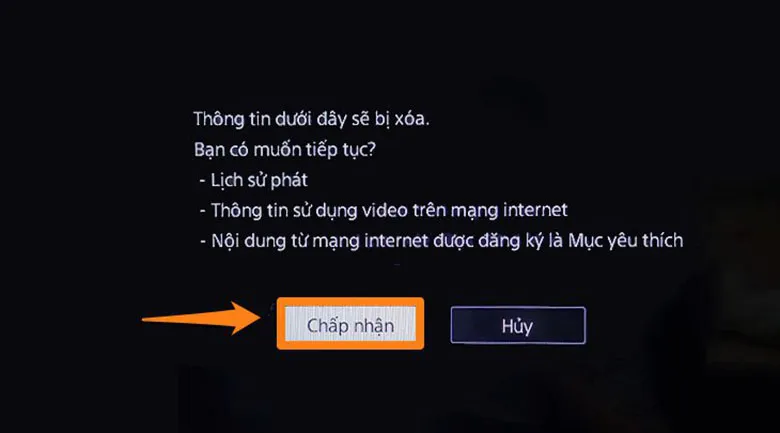 Chọn Chấp nhận tiếp tục quy trình sửa lỗi tivi Sony không xem được Youtube