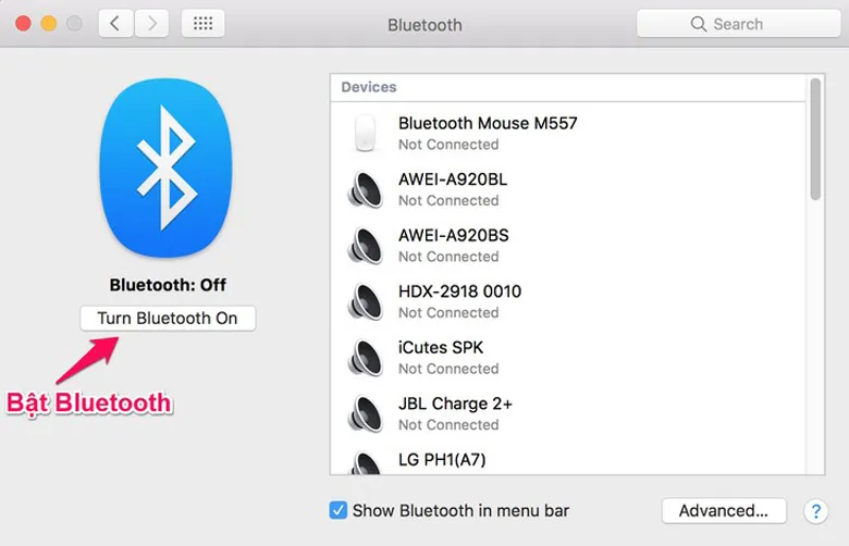 Kết nối loa bluetooth với MacBook để chế độ Bluetooth ở On