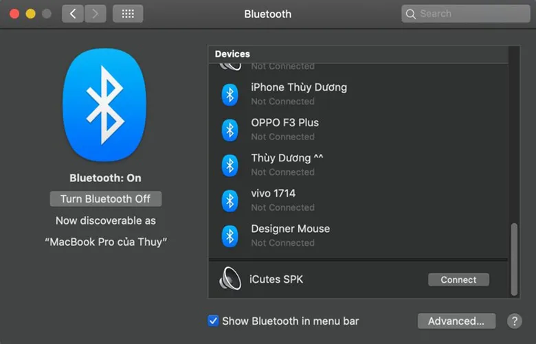 Kết nối loa bluetooth với MacBook chọn tên thiết bị loa kết nối