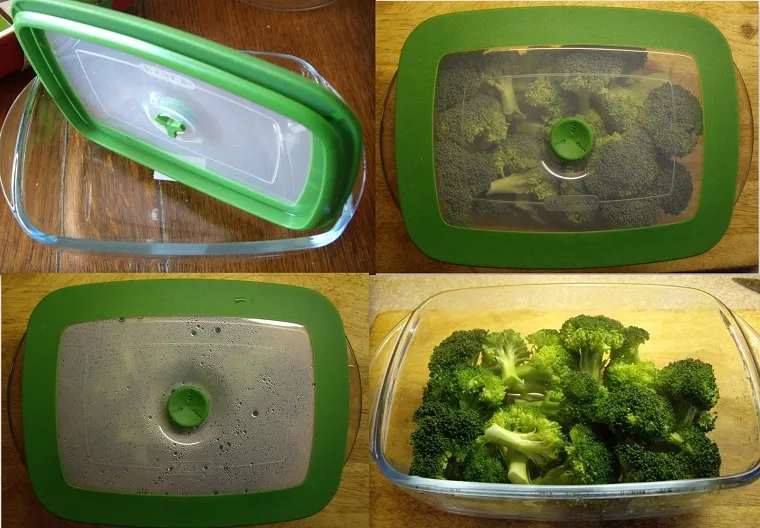 Hấp rau củ bằng tô có nắp đậy chuyên dụng trong lò vi sóng.