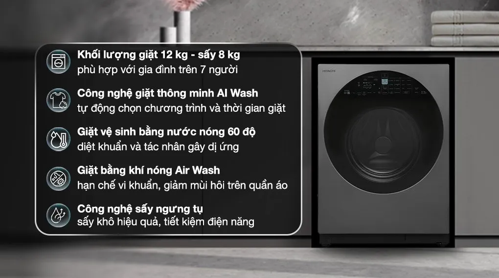 Máy giặt sấy Hitachi Inverter giặt 12 kg - sấy 8 kg BD-D120XGV MAG sử dụng công nghệ sấy ngưng tụ