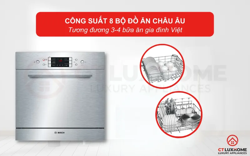 Công suất rửa tối đa của máy lên tới 8 bộ đồ ăn Châu Âu