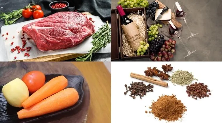 Nguyên liệu bò hầm khoai tây với thịt bò nạm, khoai tây Đà Lạt, cà rót và gia vị đầy đủ