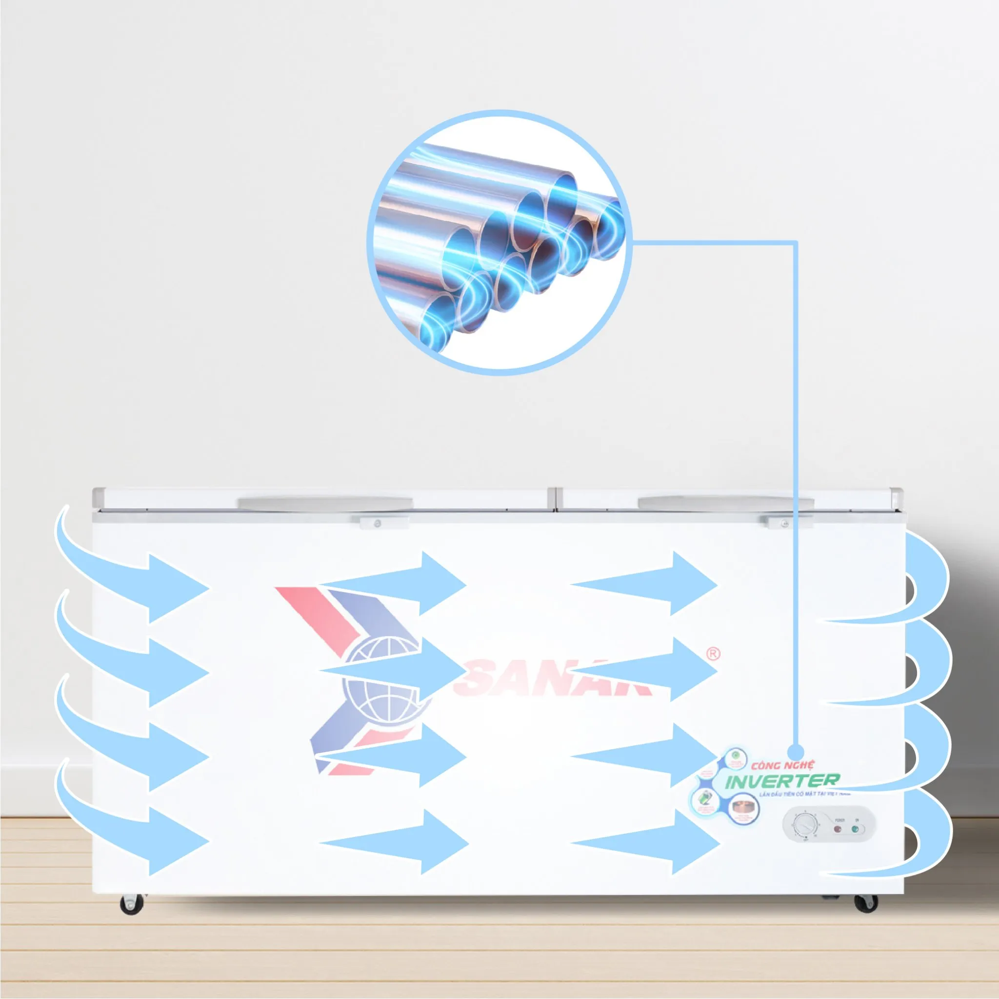 Dàn lạnh ống đồng nguyên chất của tủ đông Sanaky VH-6699HY3N giúp làm lạnh cực nhanh