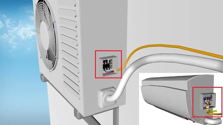 Kỹ thuật viên kiểm tra dây tín hiệu kết nối giữa hai dàn máy lạnh LG