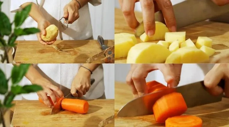 Thịt bò được cắt miếng vuông đều, khoai tây ngâm nước muối và gia vị đã nướng thơm