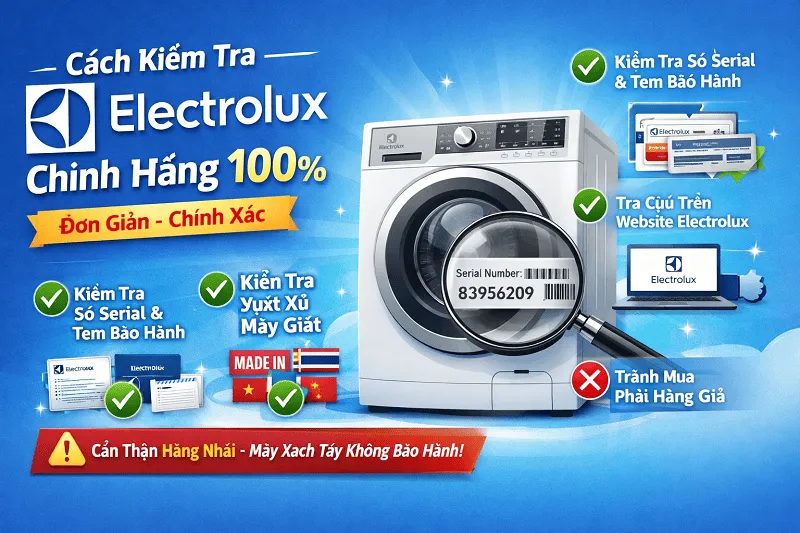 Cách kiểm tra máy giặt Electrolux chính hãng qua tem nhãn và số serial