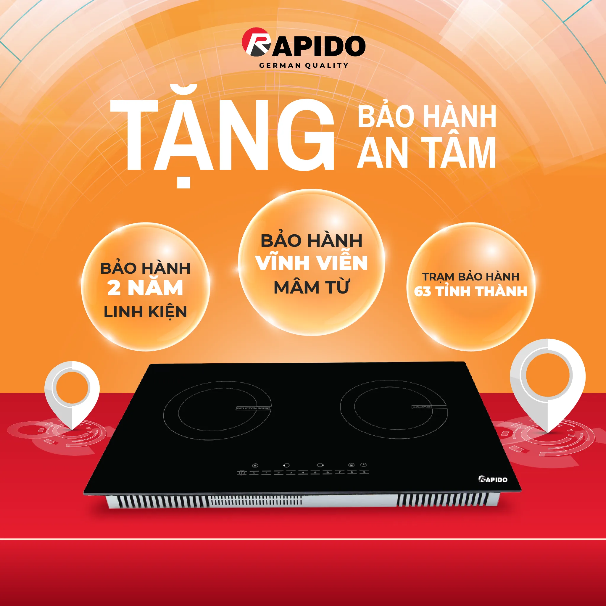 Mẫu bếp từ Rapido hiện đại có thiết kế mặt kính chịu lực cao giúp hạn chế tình trạng nứt vỡ