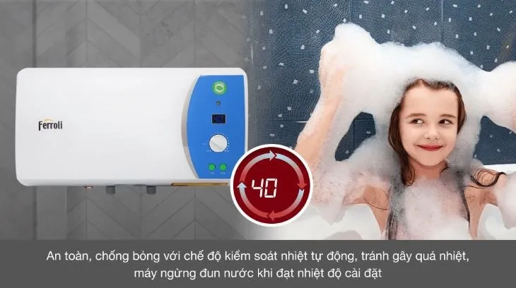 Bình nóng lạnh gián tiếp Ferroli 20 lít 2500W Verdi AE có thể đạt 60°C trong 20-25 phút nếu hoạt động bình thường