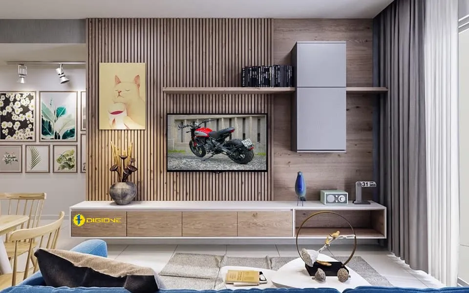 Phòng khách lắp Giá treo tivi sát phẳng tường đẹp