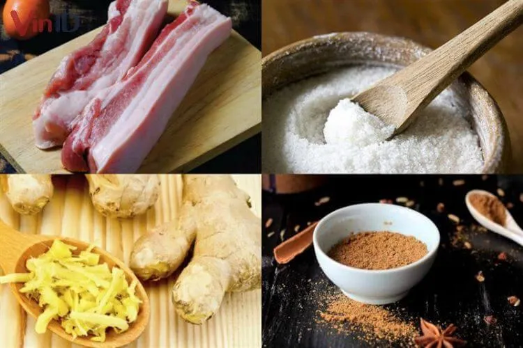 Nguyên liệu làm thịt quay bằng lò vi sóng gồm thịt ba chỉ, gia vị ướp và gia vị làm da giòn