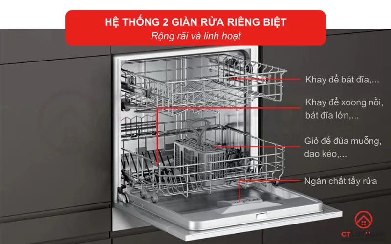 Hệ thống 2 giàn rửa riêng biệt rộng rãi và linh hoạt