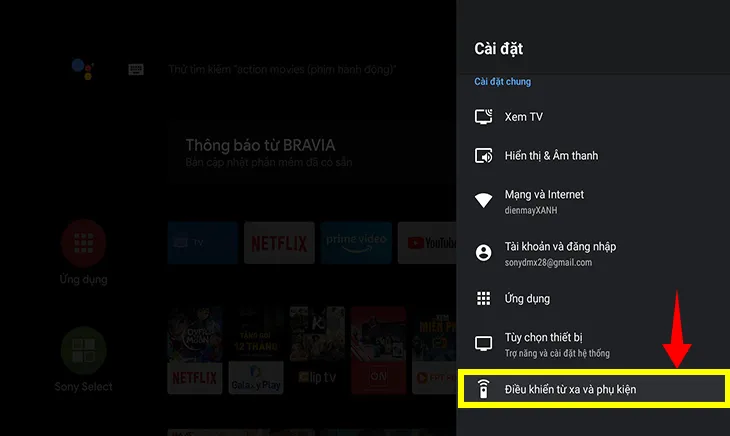 Bạn vào phần Điều khiển từ xa và phụ kiện. Nếu trên tivi của bạn có hỗ trợ tính năng Bluetooth thì mục Bluetooth sẽ hiện lên tivi.