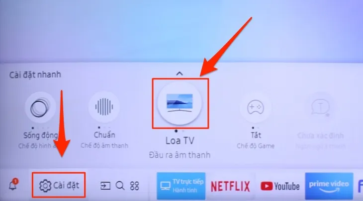 Chọn vào mục Cài đặt > Chọn Loa TV