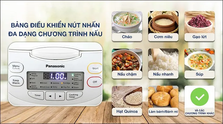 Bảng điều khiển điện tử với nút Menu Select trên nồi cơm Panasonic giúp chọn chế độ nấu tự động