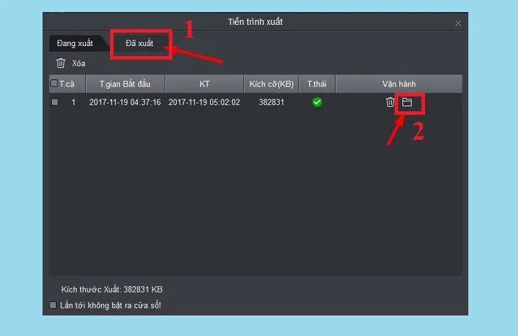 Bước 8: Khi xuất xong video xong, nhấn vào Tab Đã xuất > Chọn biểu tượng thư mục của file đã tải về.