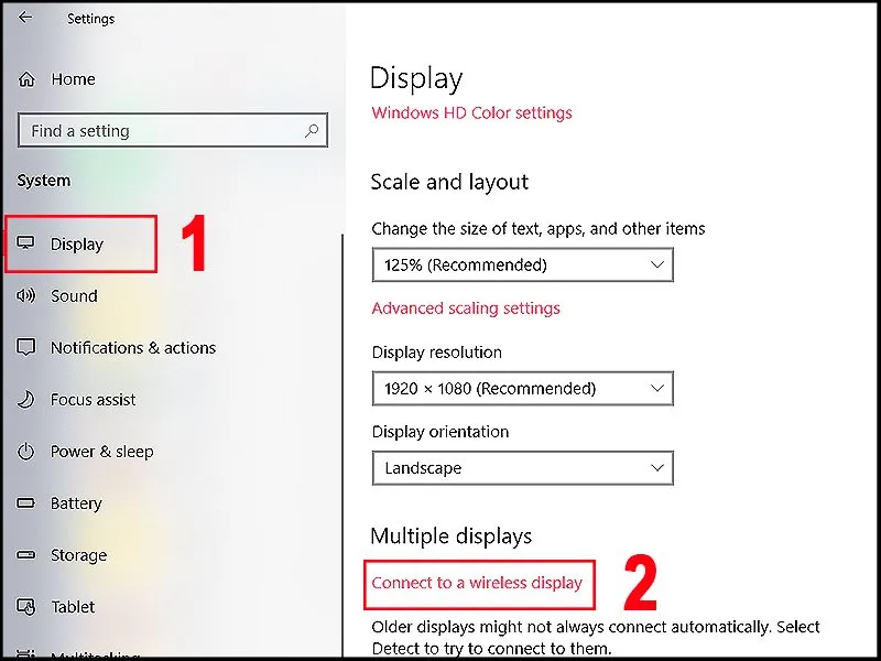 Trong phần cài đặt Display bạn kéo xuống mục Multiple display và chọn Connect to a wirelessly display