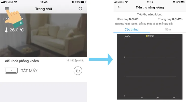 Giao diện điều khiển và thống kê điện năng trong Sharp Air App