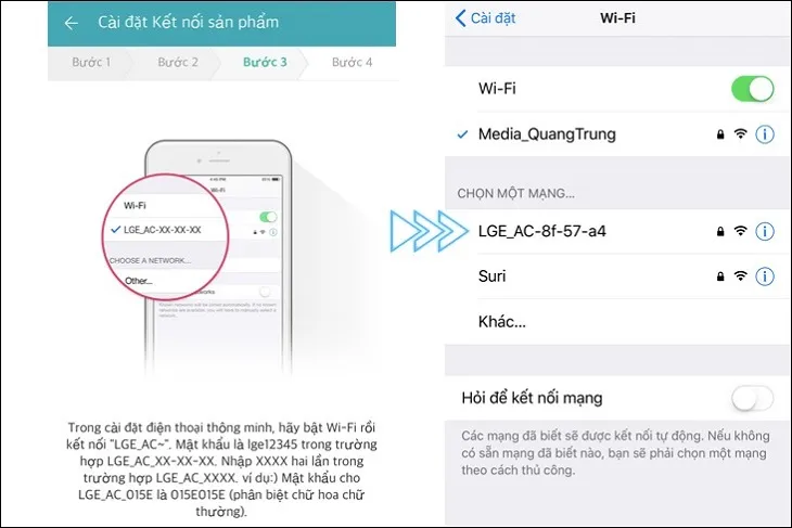 Màn hình điện thoại hiển thị mạng Wi-Fi LGE với mật khẩu lge12345