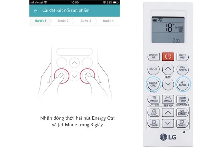 Remote điều hòa LG với hai nút Energy Ctrl và Jet Mode được đánh dấu