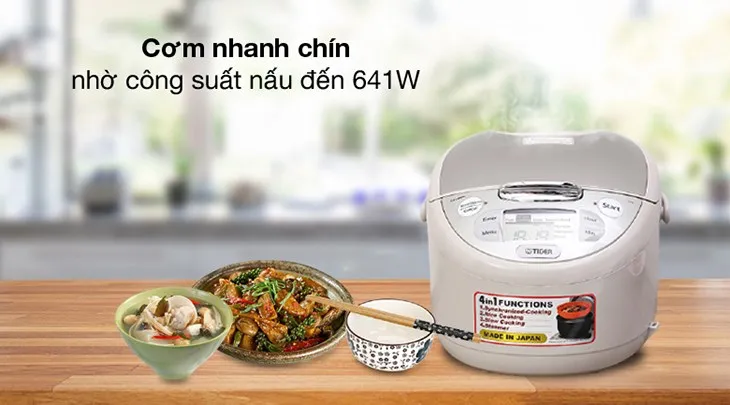 Nồi cơm điện tử Tiger JAX-S10W thiết kế hiện đại với công suất 641W tiết kiệm điện năng.