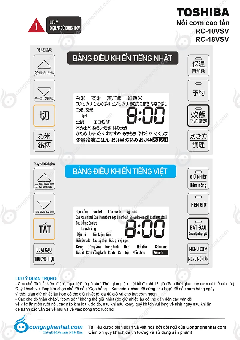 Bảng điều khiển cảm ứng hướng dẫn sử dụng nồi cơm toshiba RC-18VSV