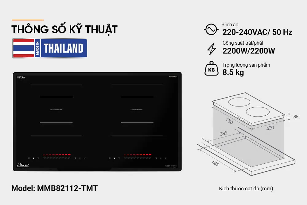 Bếp đôi điện từ Sunhouse Mama MMB82112-TMT với mặt kính Ultra Vitro Ceramic sang trọng