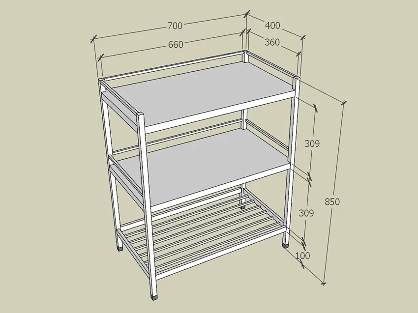 Bản vẽ 3D kệ inox 3 tầng 70x40
