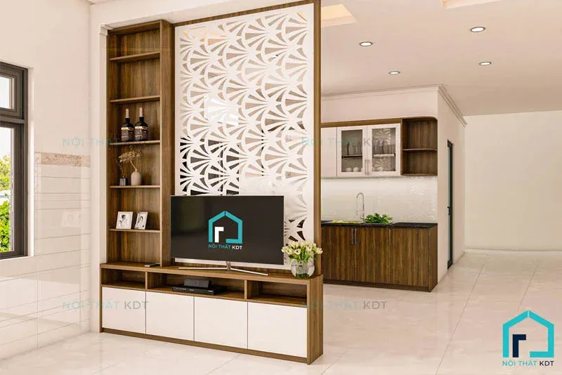 Kệ ngăn phòng khách với phòng bếp
