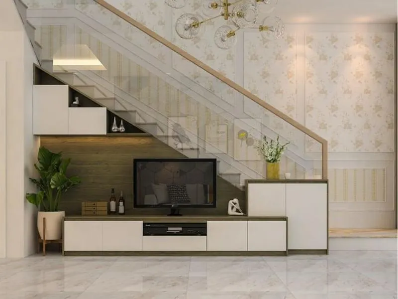Tủ tivi dưới cầu thang phong cách hiện đại kết hợp gỗ công nghiệp với các ngăn kéo tiện lợi