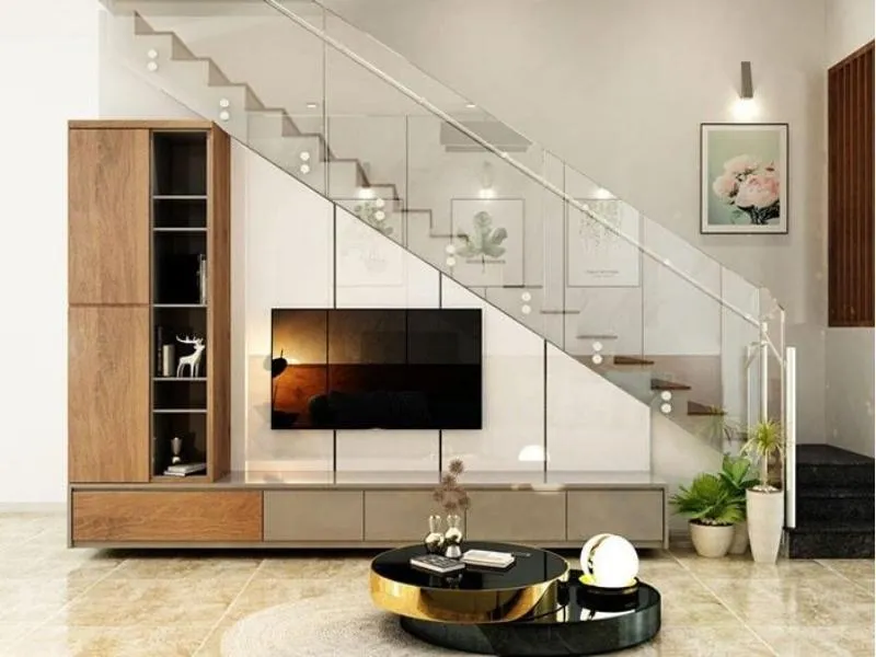 Kệ tivi gầm cầu thang tích hợp tủ chứa đồ, kệ trang trí và ngăn kéo, tối ưu hóa không gian lưu trữ