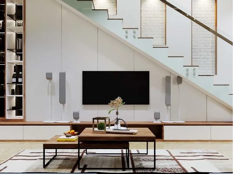 Mẫu kệ tivi gầm cầu thang đẹp phong cách tối giản với gam màu trung tính, đường nét gọn gàng