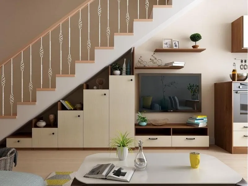 Kệ tivi gầm cầu thang phong cách tối giản với các ngăn kéo âm hiện đại, tiện lợi
