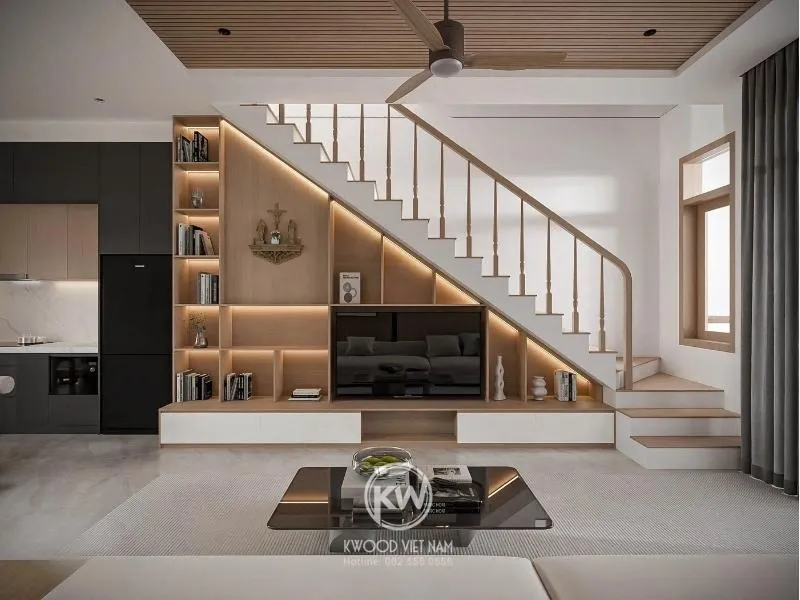 Kwood Việt Nam chuyên làm kệ tivi gầm cầu thang đẹp, chất lượng, giá cả hợp lý tại xưởng