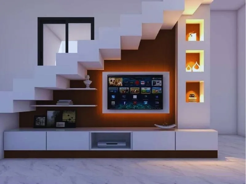 Kệ tivi gầm cầu thang đẹp tích hợp hệ thống đèn LED lung linh, tạo không gian giải trí sang trọng