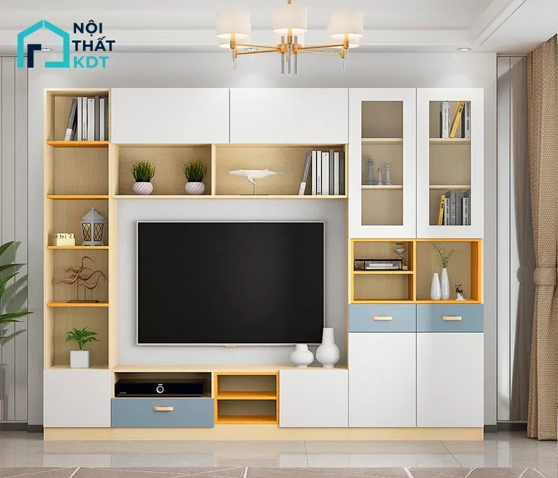 Tủ tivi gỗ công nghiệp kết hợp kệ trang trí và ngăn chứa đồ hiện đại