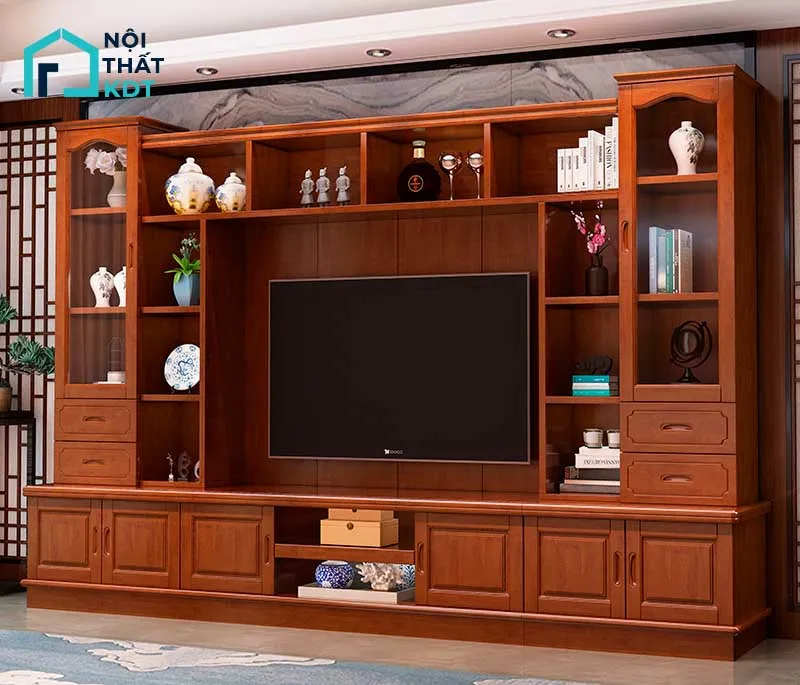 Kệ tivi gỗ tự nhiên có tích hợp tủ rượu mang lại sự ấm cúng và bền bỉ