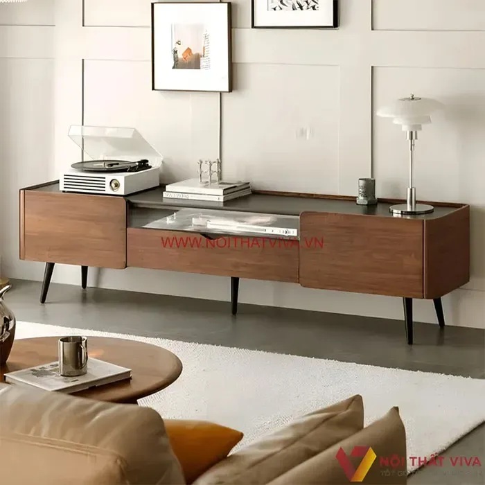 Mẫu kệ tivi phòng khách gỗ tự nhiên đẹp, giá rẻ, chân cao hiện đại.