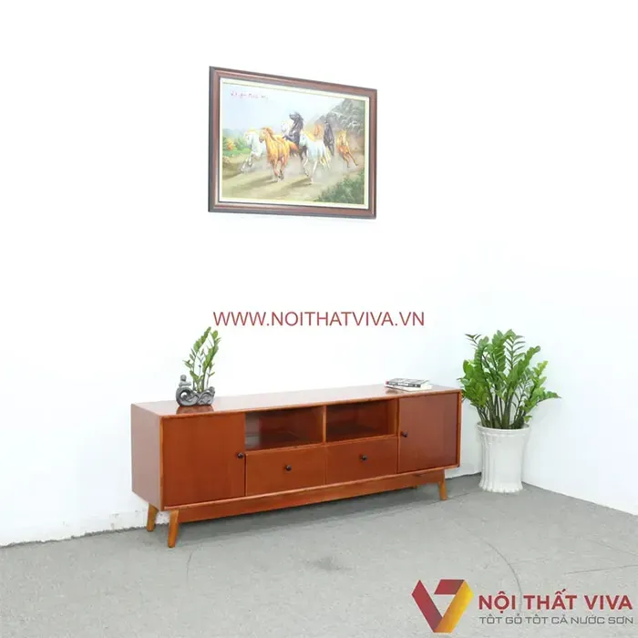 Kệ tivi gỗ xoan đào đẹp, chân cao, hiện đại.