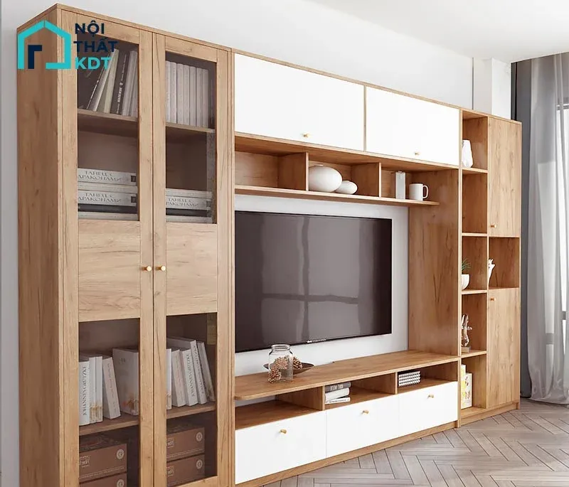 Mẫu kệ tivi gỗ tự nhiên kết hợp cùng giá sách và tủ rượu sang trọng