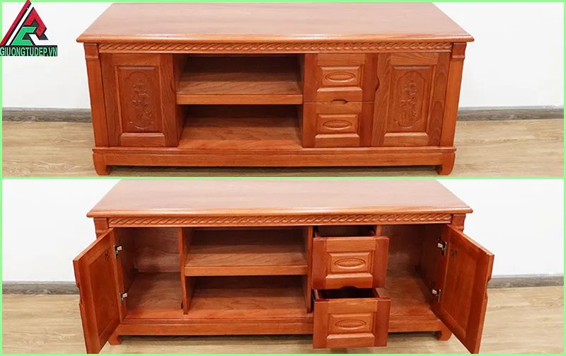 Kệ tivi gỗ xoan đào với màu nâu cánh gián đặc trưng