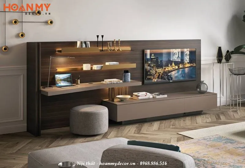 Để khoảng trống xung quanh kệ tivi kết hợp bàn làm việc tạo sự thoáng đãng