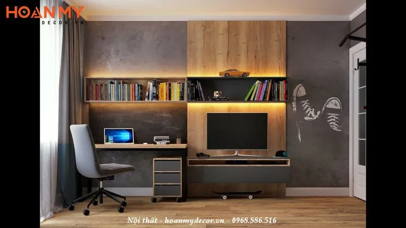 Vị trí đặt kệ tivi và bàn làm việc